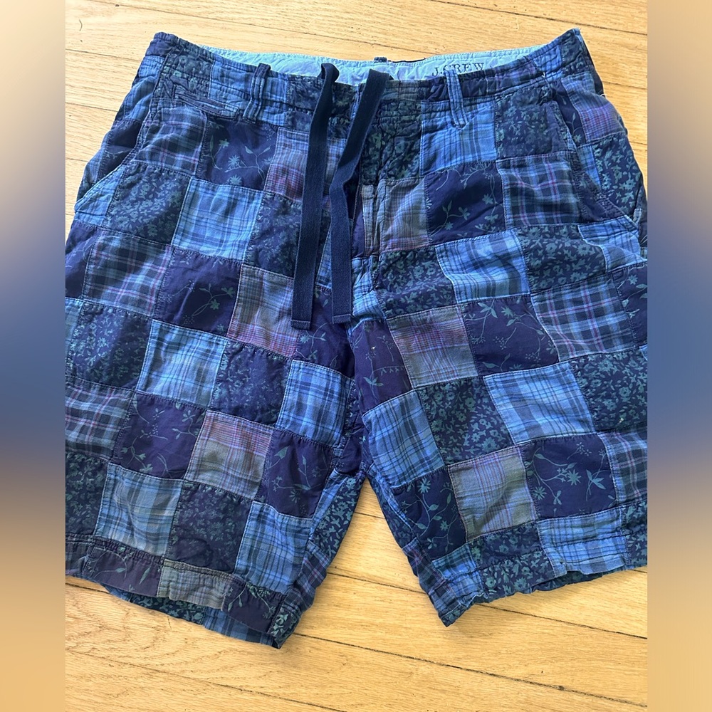 J CREW Mens MADRAS PATCHWORK Navy Shorts Waist 34 RARE Find! EUC